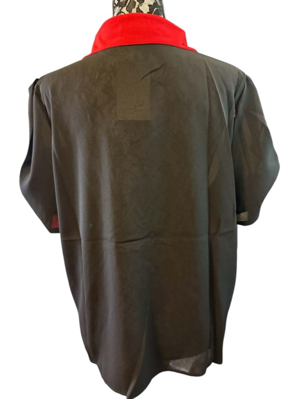 Tulip B Black & Red Contrast Tie Neck Blouse Puff Sleeve Retro Secretary Size L - Picture 3 of 4